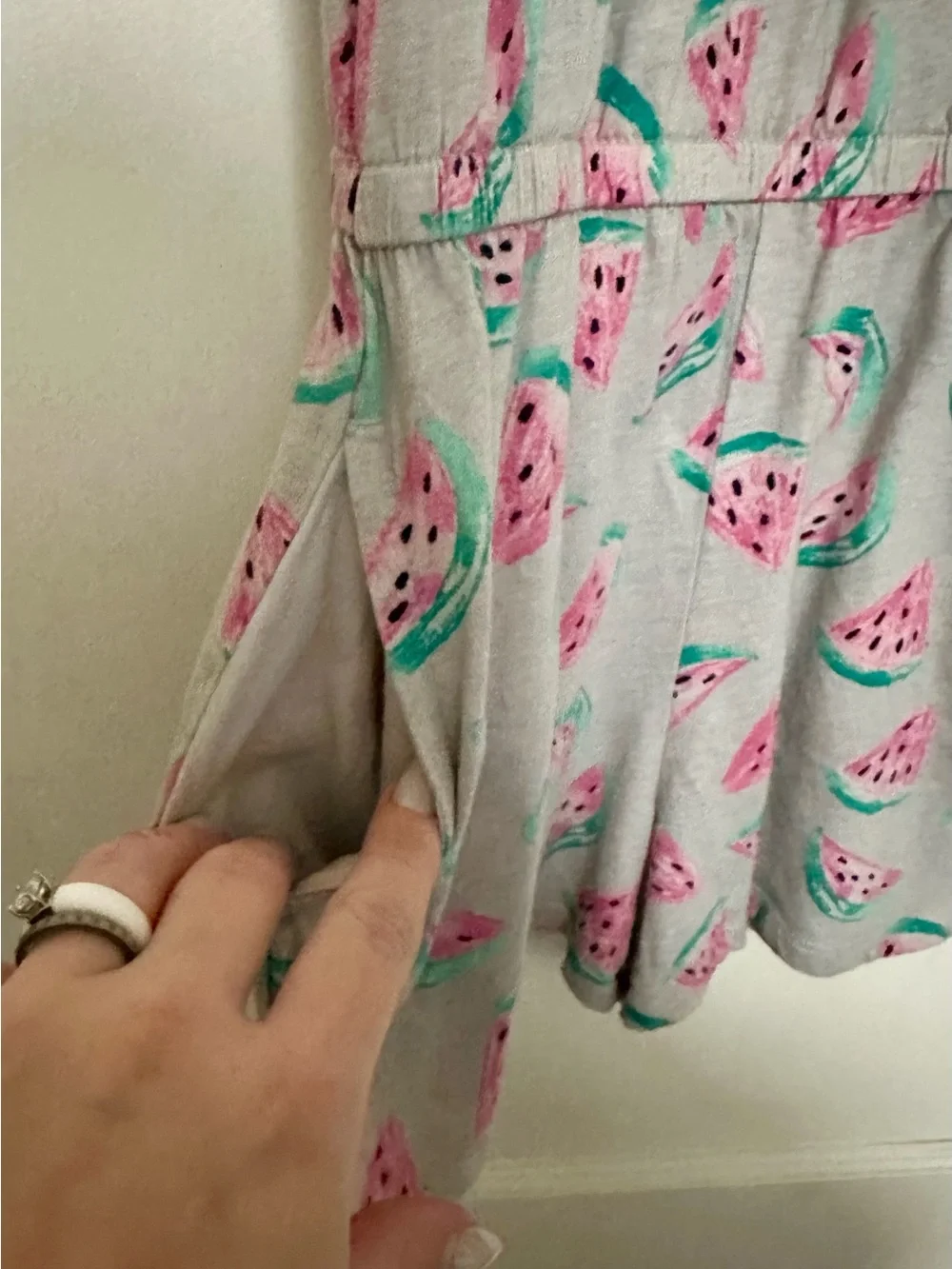 Watermelon Print Grey Romper with Pockets - Girls’